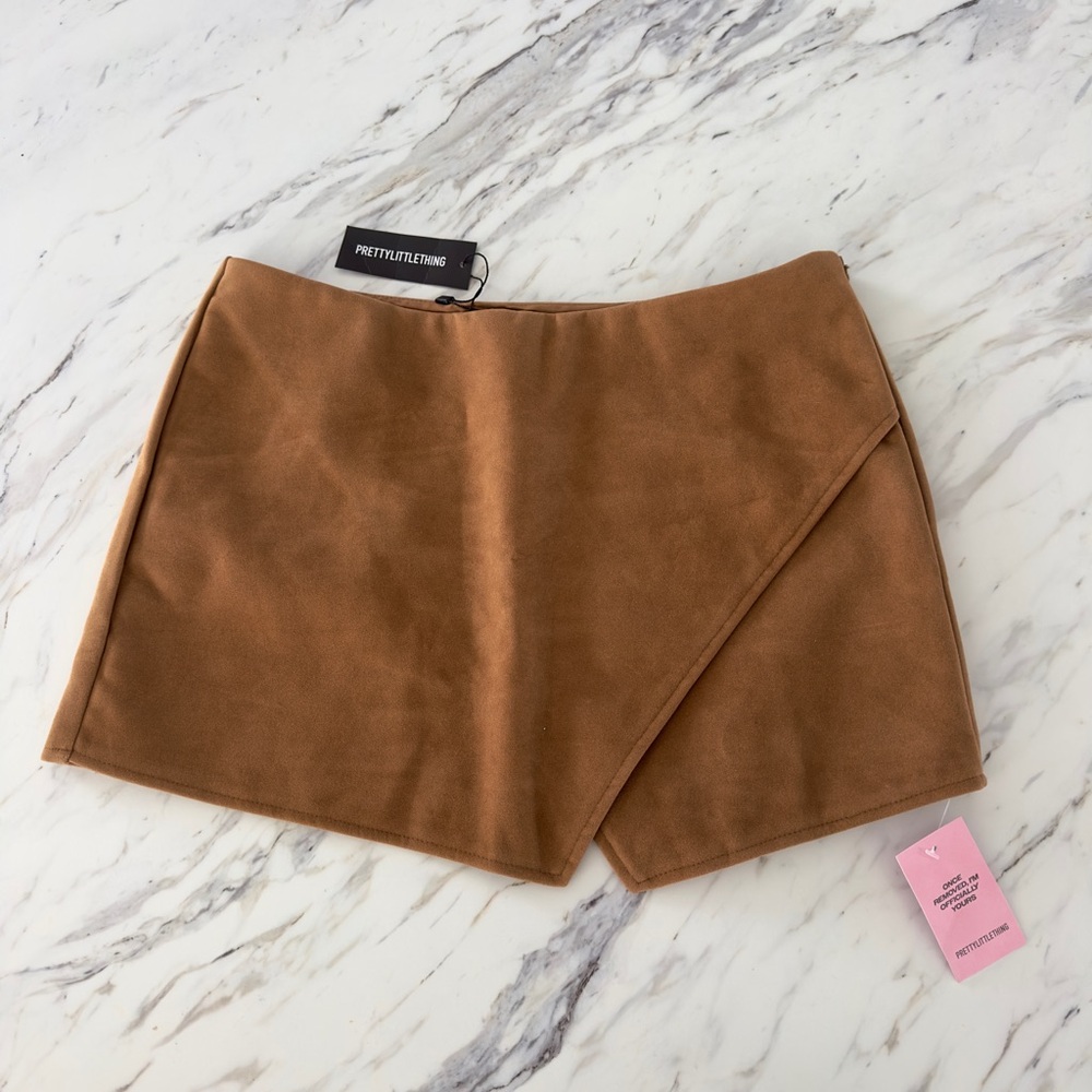 PrettyLittleThing Camel Faux Suede Wrap Mini Skirt
